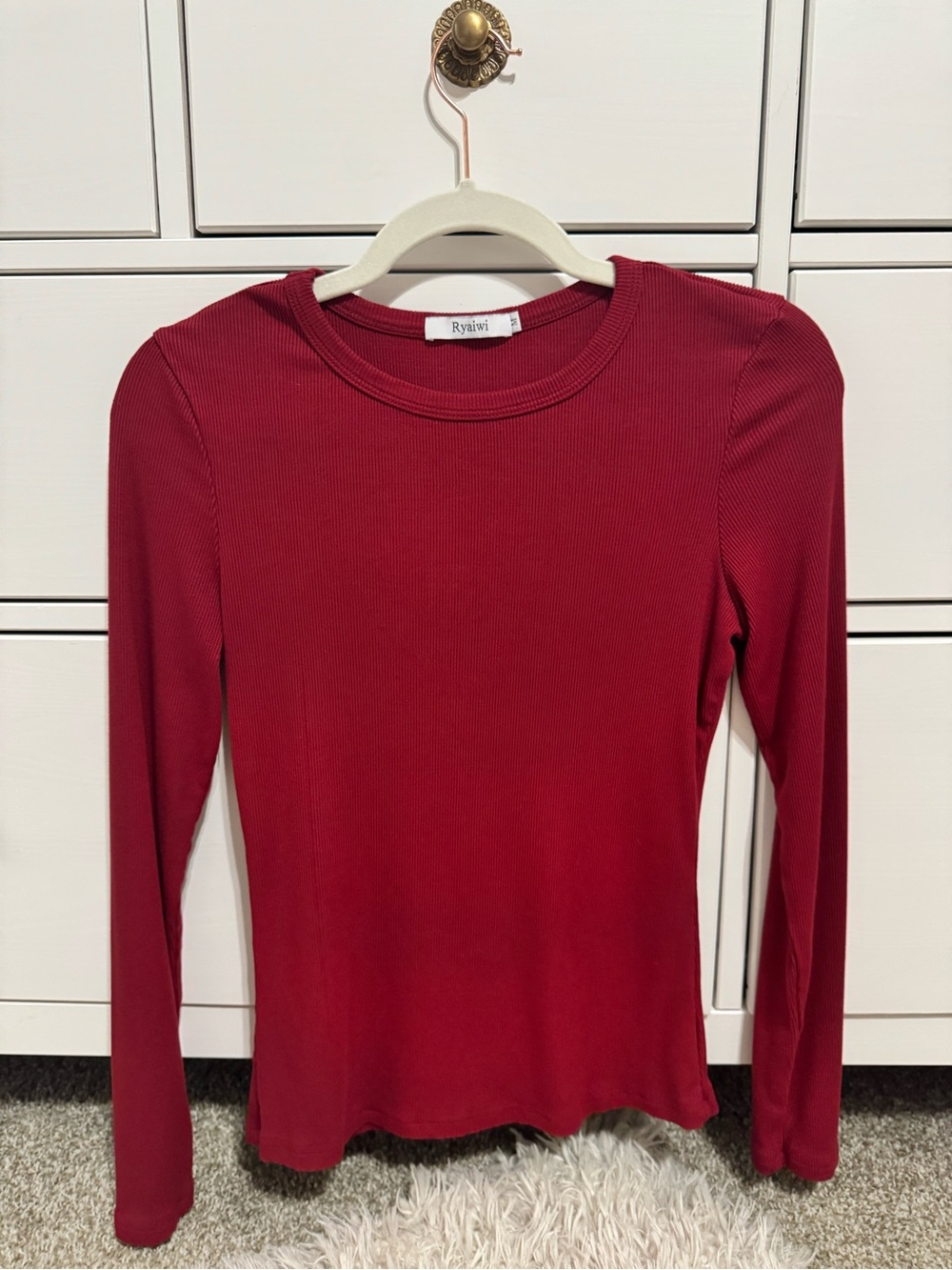 Long Sleeve Ribbed Crewneck Top in Deep Red